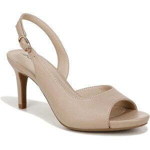 LifeStride Womens Taupe Faux Leather Slingback Peep Toe Pumps Heeled Sandal